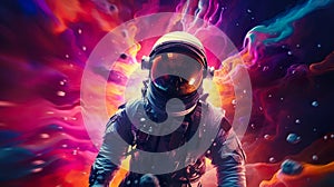 abstract illustration of astronaut floating in outer space, dreamlike cosmonaut in space suit flying on purple clouds of