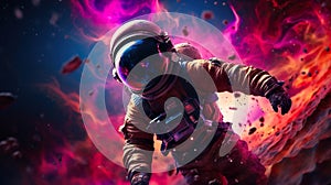 abstract illustration of astronaut floating in outer space, dreamlike cosmonaut in space suit flying on purple clouds of