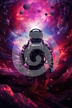 abstract illustration of astronaut floating in outer space, dreamlike cosmonaut in space suit flying on purple clouds of