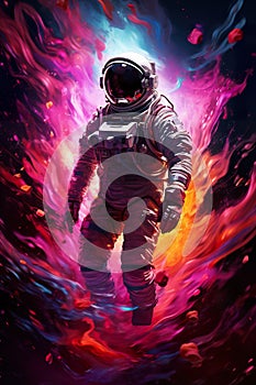 abstract illustration of astronaut floating in outer space, dreamlike cosmonaut in space suit flying on purple clouds of