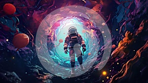 abstract illustration of astronaut floating in outer space, dreamlike cosmonaut in space suit flying on purple clouds of