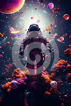 abstract illustration of astronaut floating in outer space, dreamlike cosmonaut in space suit flying on purple clouds of