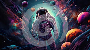 abstract illustration of astronaut floating in outer space, dreamlike cosmonaut in space suit flying on purple clouds of