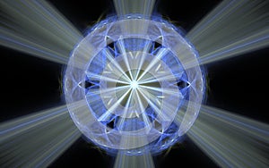 Abstract illustration background image of a lilac crystal with a glowing middle and edges, and diverging expanding yellow rays on