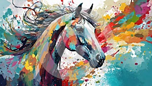 Abstract illustration of beautiful horse. Colorful portrait of wild animal. Hand drawn