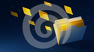 Open white folder with yellow papers flying on a dark blue background