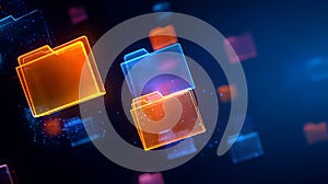 Open white folder with yellow papers flying on a dark blue background