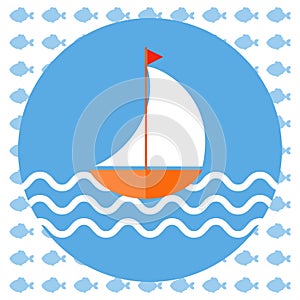 Abstract illustration with a boat on blue water