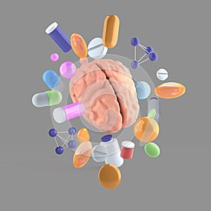 Abstract illustration of brain with pills and drugs. - 3d rendering