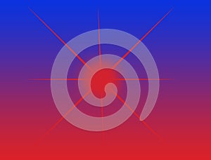 Abstract illustration of a bright red sun or star on blurred merged red blue background. Energy light power.