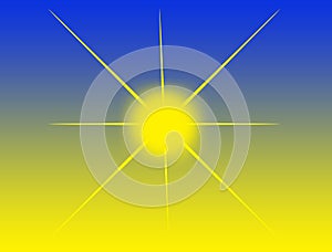 Abstract illustration of a bright yellow sun or star on blurred merged yellow blue background. Energy light.