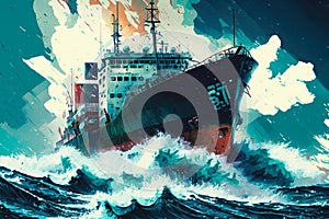 Abstract illustration of a cargo ship sailing through rough sea waters during a storm