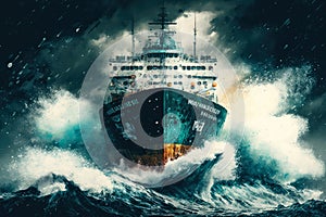 Abstract illustration of a cargo ship sailing through rough sea waters during a storm