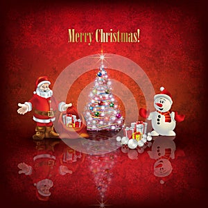 Abstract illustration with Christmas tree Santa Claus and snowman on red background