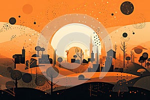 Abstract illustration of a city with a sunset in orange and black colors. Generative AI