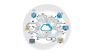 Cloud Computing Network with Devices and Data Flow Arrows on White Background technology