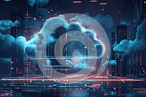 Abstract illustration of cloud computing technology. Generative AI design with blue background, polygons, and network