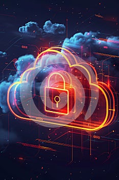 Abstract illustration of cloud security with integrated cloud and padlock icon. Represents data protection in cloud computing.