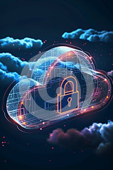 Abstract illustration of cloud security with integrated padlock symbol, representing data protection in cloud computing.
