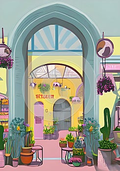 An Abstract Illustration of a Colorful Market with an Large Arched Doorway and Blooming Plants