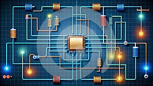 Abstract illustration of complex circuitry and integrated microchip. Generative AI