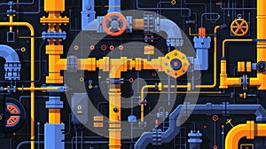 Abstract illustration of a complex network of pipes and valves in blue and orange photo