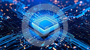 Abstract illustration of a computer processor with glowing circuits and data flow.