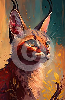 Abstract illustration of cute caracal in wild nature as phone wallpaper.