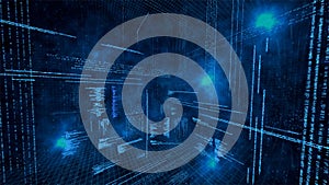Abstract illustration of data processing and spot of light against blue background