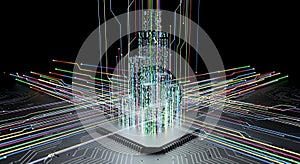 Abstract Data Processing Circuit Board, CPU Chip, Digital Data Flow, Network