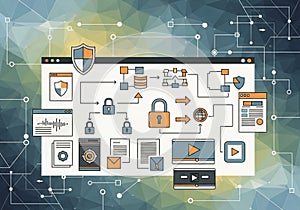 Abstract illustration of a digital workflow with interconnected icons representing security, data
