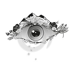 Abstract illustration of an eye with flowers of dog-roses