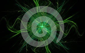 Abstract illustration of a fantastic symbol of a green star with wavy rays on a black background for graphic and game design