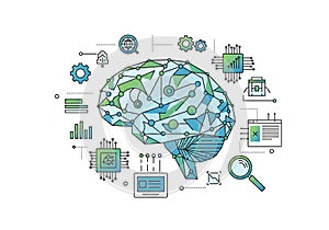 Abstract illustration features a geometric, stylized