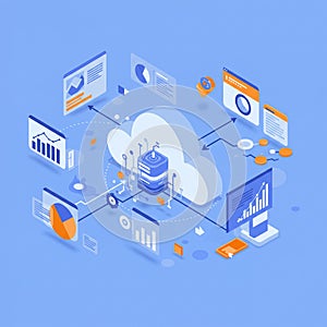 Abstract illustration featuring a cloud computing concept on a blue