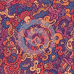 Abstract illustration featuring a complex, colorful doodle pattern with swirling shapes