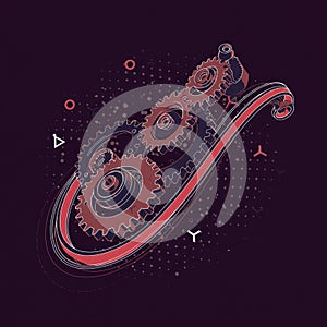Abstract illustration featuring interconnected gears on a dark purple background.