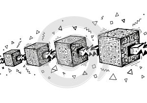 Additional geometric shapes like triangles and circles, adding dynamic