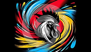 Abstract illustration featuring a stylized rooster head in