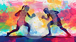 Abstract illustration of female boxers wearing boxing gloves exercising their punching technique