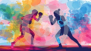 Abstract illustration of female boxers wearing boxing gloves exercising their punching technique