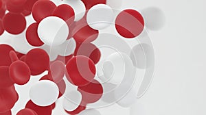 Abstract illustration of floating red and white spheres on a soft gradient background, creating a dynamic visual effect