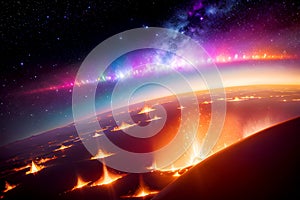 Abstract illustration of formation of young planet, exploding volcanos, galaxy, planets, stars