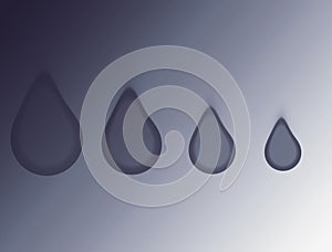 Abstract illustration of four different size falling water drops on blurred blue grey background. Oil, water  or  liquid drops.