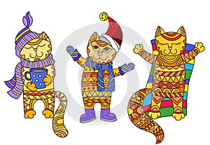 Abstract Illustration with funny cartoon cats dressed in different seasons, autumn, winter and summer, isolated on white backgrou