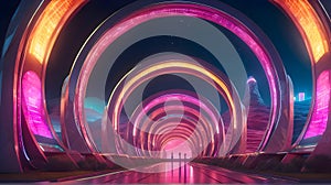 Abstract illustration of futuristic road tunnel with glowing neon lights in the dark night