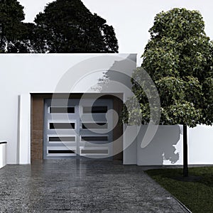 Abstract illustration of gate of a boring modern minimalist house with a dead garden with stones and concrete without color, made