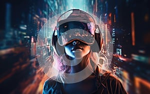 Abstract illustration of a girl using Virtual Reality (VR) goggles immersed in a colorful metaverse city. Generative AI