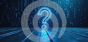 Abstract illustration of glowing question mark against futuristic technology background. Digital design with circuit board