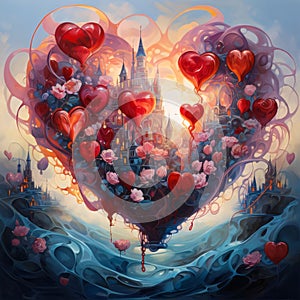 Abstract illustration of a heart made of roses and red balloons. Heart as a symbol of affection and